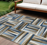 8' X 10' Navy Blue Brown And Beige Geometric Washable Indoor Outdoor Area Rug