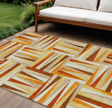 8' X 10' Orange Ivory And Copper Geometric Washable Indoor Outdoor Area Rug