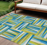 8' X 10' Teal Blue Green And Ivory Geometric Washable Indoor Outdoor Area Rug