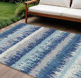 8' X 10' Blue Gray And Ivory Striped Washable Indoor Outdoor Area Rug