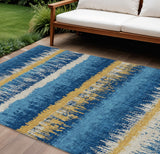 8' X 10' Navy Blue Gold And Ivory Striped Washable Indoor Outdoor Area Rug