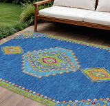 8' X 10' Denim Blue Red And Green Oriental Washable Indoor Outdoor Area Rug