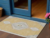 3' X 5' Gold Gray And Ivory Oriental Washable Indoor Outdoor Area Rug