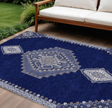 8' X 10' Navy Blue Gray And Brown Oriental Washable Indoor Outdoor Area Rug