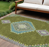 8' X 10' Olive Green Pink And Ivory Oriental Washable Indoor Outdoor Area Rug