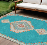 8' X 10' Teal Blue Brown And Ivory Oriental Washable Indoor Outdoor Area Rug