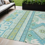 5' X 8' Mint Green Blue And Ivory Aztec Washable Indoor Outdoor Area Rug