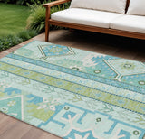 8' X 10' Mint Green Blue And Ivory Aztec Washable Indoor Outdoor Area Rug