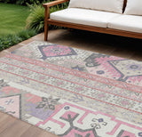 8' X 10' Pink Gray And Ivory Aztec Washable Indoor Outdoor Area Rug