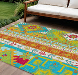 8' X 10' Teal Blue Green And Pink Aztec Washable Indoor Outdoor Area Rug