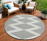 8' Ivory And Black Round Geometric Washable Indoor Outdoor Area Rug