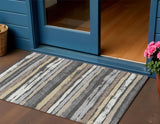 3' X 5' Charcoal Beige And Brown Striped Washable Indoor Outdoor Area Rug