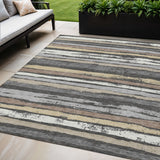 5' X 8' Charcoal Beige And Brown Striped Washable Indoor Outdoor Area Rug
