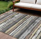 8' X 10' Charcoal Beige And Brown Striped Washable Indoor Outdoor Area Rug