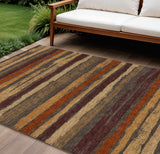 8' X 10' Chocolate Beige And Copper Striped Washable Indoor Outdoor Area Rug