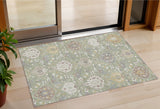 3' X 5' Artichoke Green Brown And Ivory Damask Washable Indoor Outdoor Area Rug
