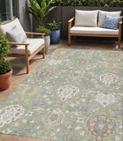 5' X 8' Artichoke Green Brown And Ivory Damask Washable Indoor Outdoor Area Rug