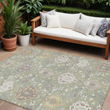 8' X 10' Artichoke Green Brown And Ivory Damask Washable Indoor Outdoor Area Rug