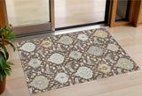 3' X 5' Brown Gray And Ivory Damask Washable Indoor Outdoor Area Rug