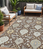 5' X 8' Brown Gray And Ivory Damask Washable Indoor Outdoor Area Rug