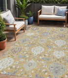 5' X 8' Gold Ivory And Gray Damask Washable Indoor Outdoor Area Rug