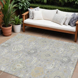 8' X 10' Gray Ivory And Gold Damask Washable Indoor Outdoor Area Rug