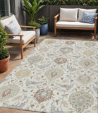 5' X 8' Ivory Brown And Gray Damask Washable Indoor Outdoor Area Rug