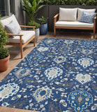 5' X 8' Navy Blue Charcoal And Ivory Damask Washable Indoor Outdoor Area Rug