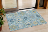 3' X 5' Sky Blue Ivory And Gold Damask Washable Indoor Outdoor Area Rug