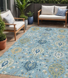 5' X 8' Sky Blue Ivory And Gold Damask Washable Indoor Outdoor Area Rug