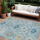 8' X 10' Sky Blue Ivory And Gold Damask Washable Indoor Outdoor Area Rug