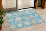 3' X 5' Teal Blue Gray And Ivory Damask Washable Indoor Outdoor Area Rug