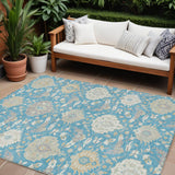 8' X 10' Teal Blue Gray And Ivory Damask Washable Indoor Outdoor Area Rug