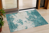 3' X 5' Teal Blue Ivory And Gray Abstract Washable Indoor Outdoor Area Rug