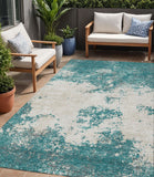 5' X 8' Teal Blue Ivory And Gray Abstract Washable Indoor Outdoor Area Rug