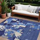 8' X 10' Navy Blue Ivory And Gray Abstract Washable Indoor Outdoor Area Rug