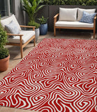 5' X 8' Red And Ivory Abstract Washable Indoor Outdoor Area Rug