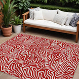 8' X 10' Red And Ivory Abstract Washable Indoor Outdoor Area Rug