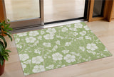 3' X 5' Artichoke Green And Ivory Floral Washable Indoor Outdoor Area Rug
