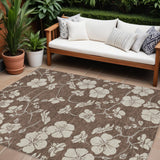 8' X 10' Brown And Beige Floral Washable Indoor Outdoor Area Rug