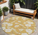 8' Gold Ivory And Brown Round Floral Washable Indoor Outdoor Area Rug