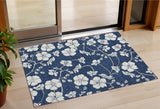 3' X 5' Navy Blue And Ivory Floral Washable Indoor Outdoor Area Rug