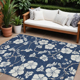 8' X 10' Navy Blue And Ivory Floral Washable Indoor Outdoor Area Rug