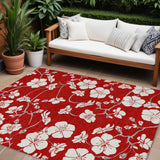 8' X 10' Red Ivory And Gray Floral Washable Indoor Outdoor Area Rug