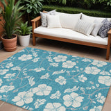 8' X 10' Turquoise Ivory And Gray Floral Washable Indoor Outdoor Area Rug