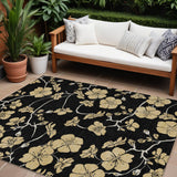8' X 10' Black And Gold Floral Washable Indoor Outdoor Area Rug