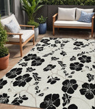 5' X 8' Ivory And Black Floral Washable Indoor Outdoor Area Rug
