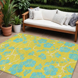 8' X 10' Yellow And Aqua Floral Washable Indoor Outdoor Area Rug
