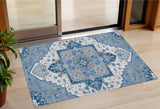 3' X 5' Blue Gray And Ivory Oriental Washable Indoor Outdoor Area Rug