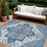 8' X 10' Blue Gray And Ivory Oriental Washable Indoor Outdoor Area Rug
